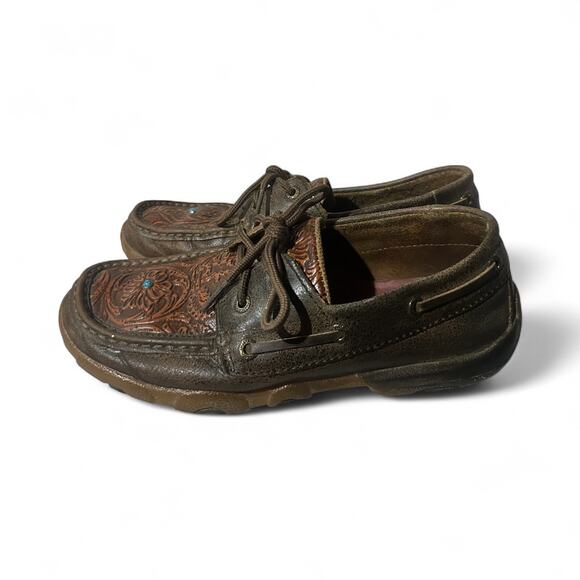 Twisted X Moccasins Size 6.5 M Floral Tooled Leather Driving Mocs Shoes Brown  - Picture 2 of 8